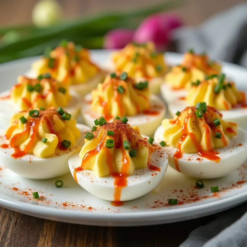 A vibrant platter of creative deviled eggs with paprika and sriracha.