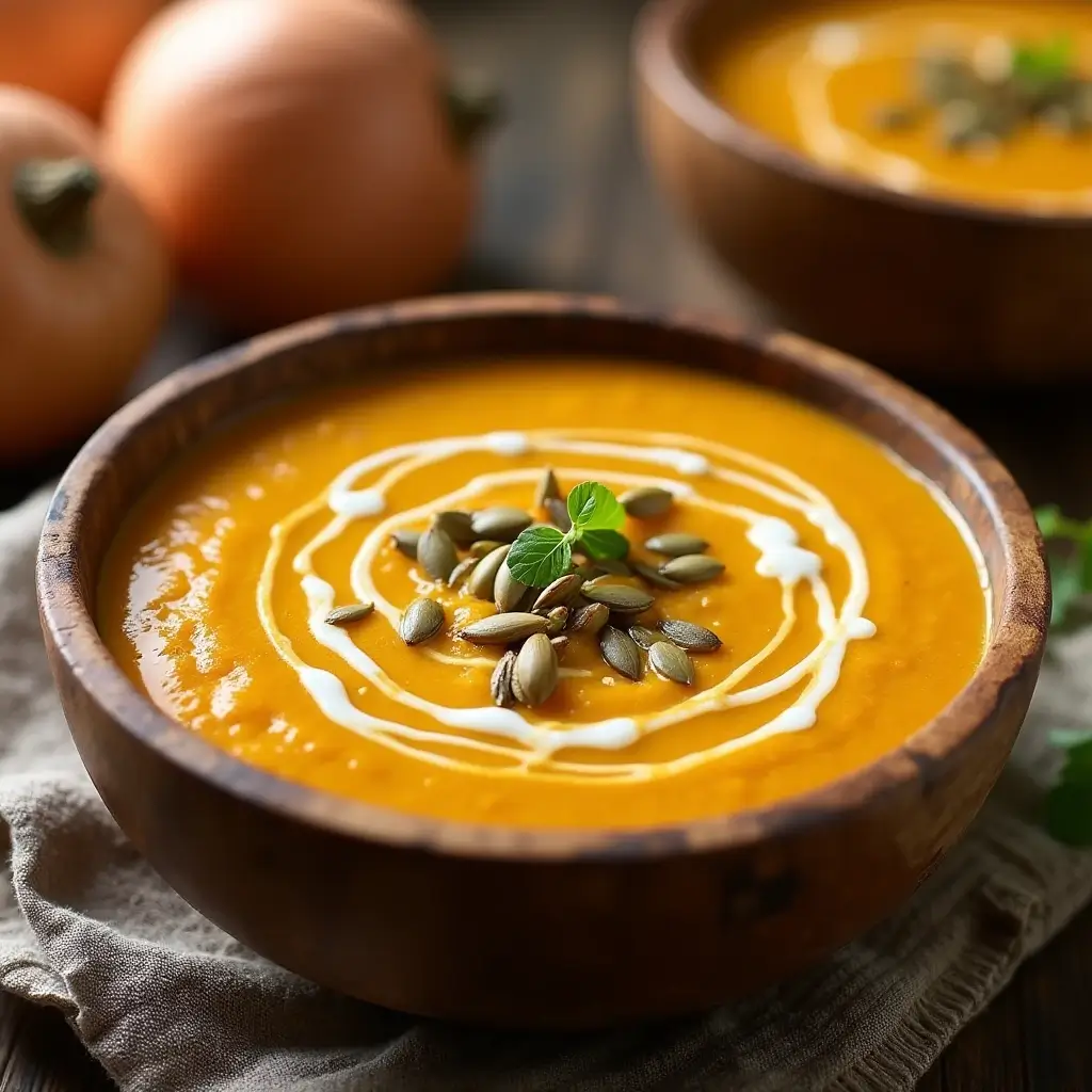 Creamy butternut squash soup with roasted pumpkin seeds and fresh herbs