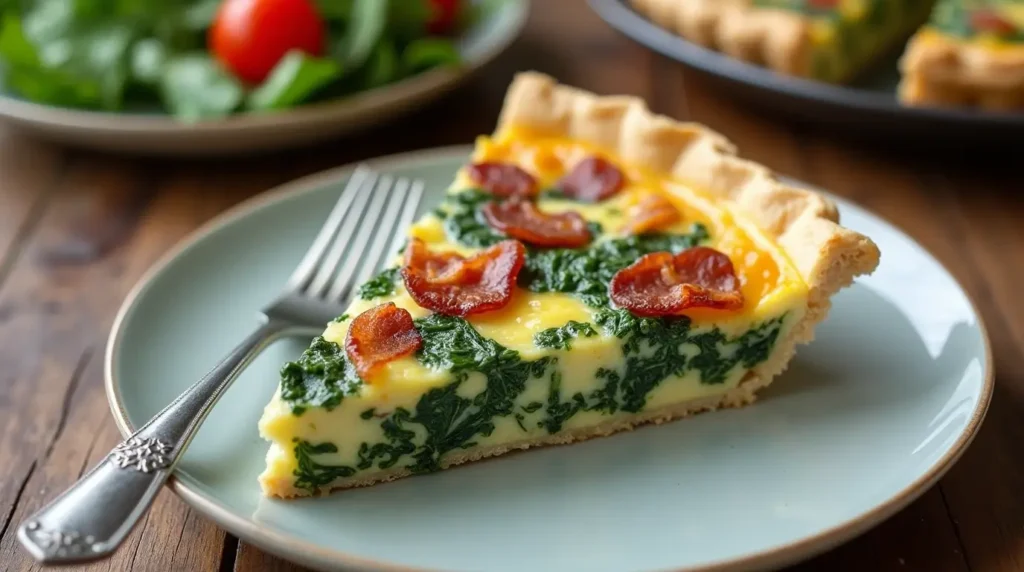 Healthy spinach bacon quiche with crispy bacon and fresh spinach.