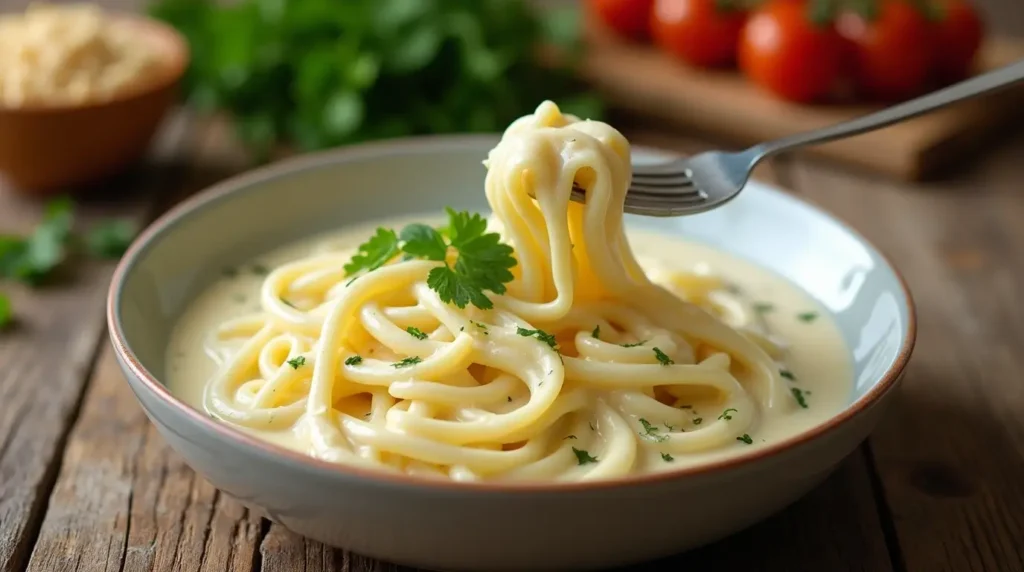 Delicious creamy homemade Alfredo sauce with pasta.