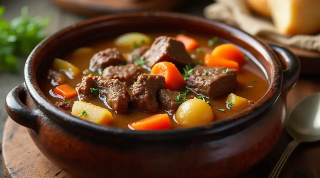 A bowl of homemade beef stew with beef, potatoes, and carrots.