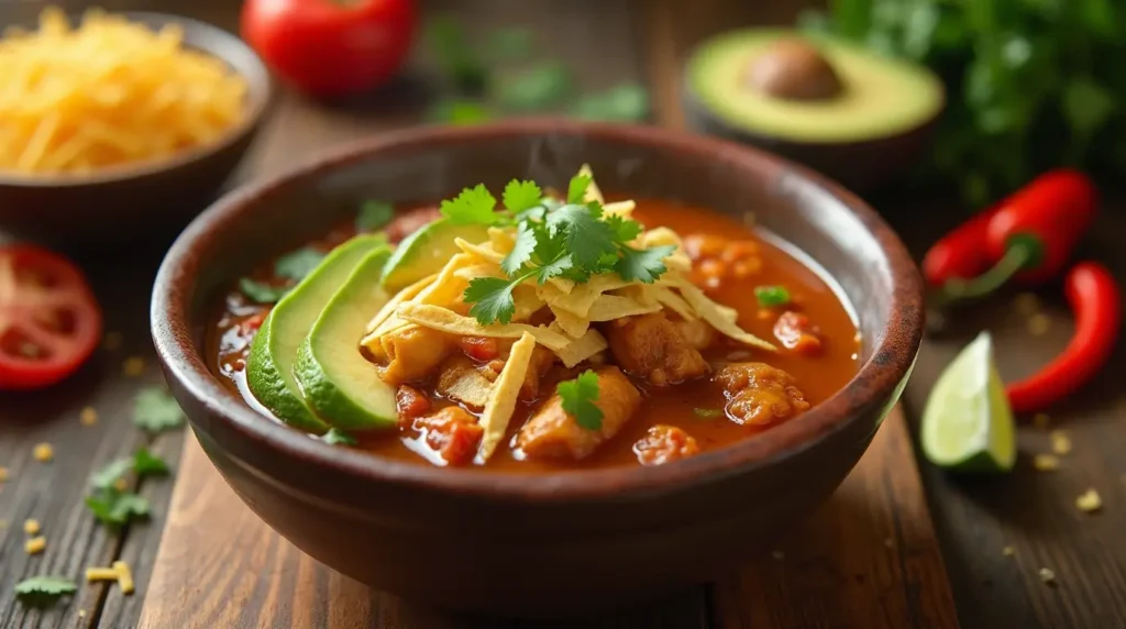 A bowl of Chicken Tortilla Soup garnished with tortilla strips and avocado.