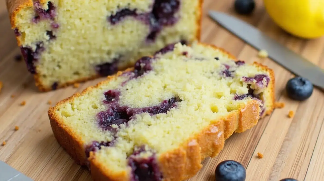 Lemon blueberry zucchini bread on a wooden board with fresh blueberries and lemon slices.