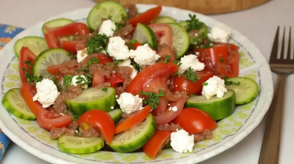 Fresh tomato, cucumber, and feta cheese salad in a bowl.